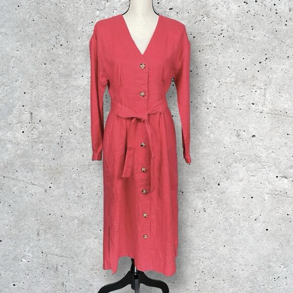 Xirena Button Up Pink Linen Midi Dress Size S Tie Belt Contemporary Minimalist - Picture 1 of 8